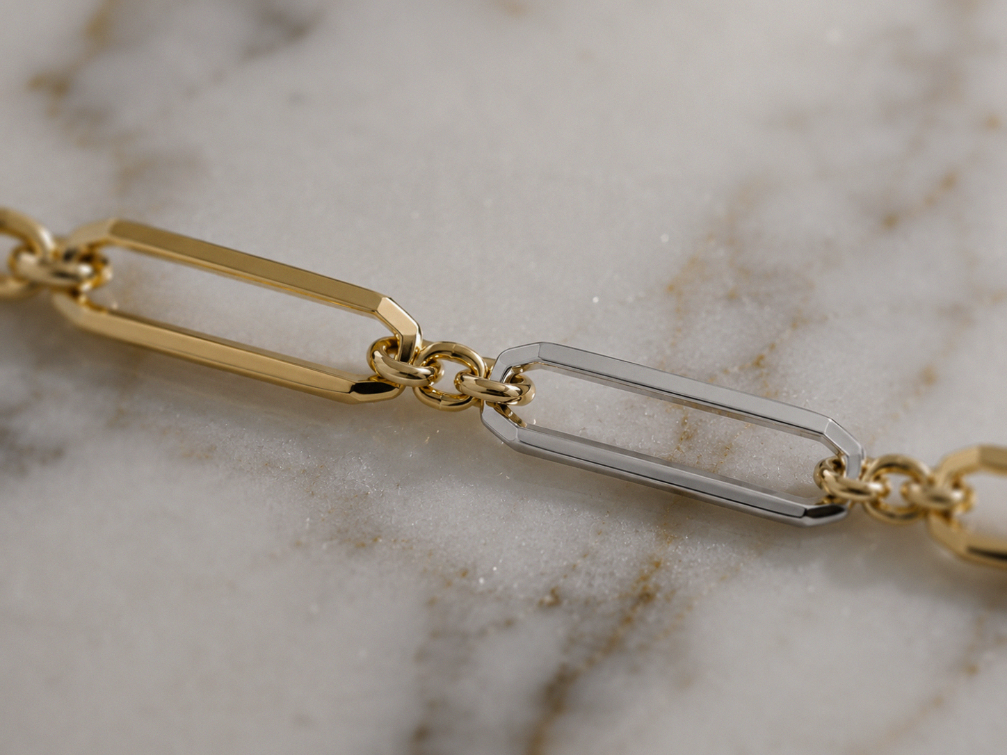 Elongated Link Chain Necklace in 9ct Yellow & White Gold