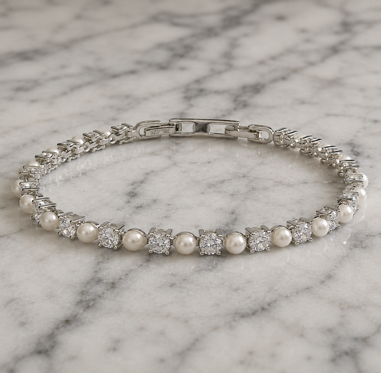Diamonfire Sterling Silver Pearl and Zirconia Tennis Bracelet