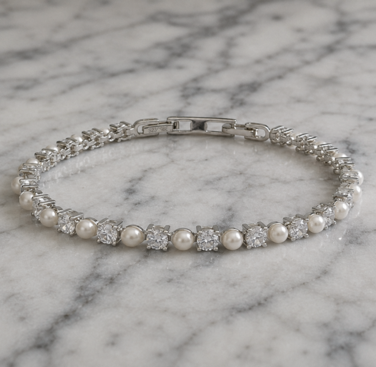 Diamonfire Sterling Silver Pearl and Zirconia Tennis Bracelet