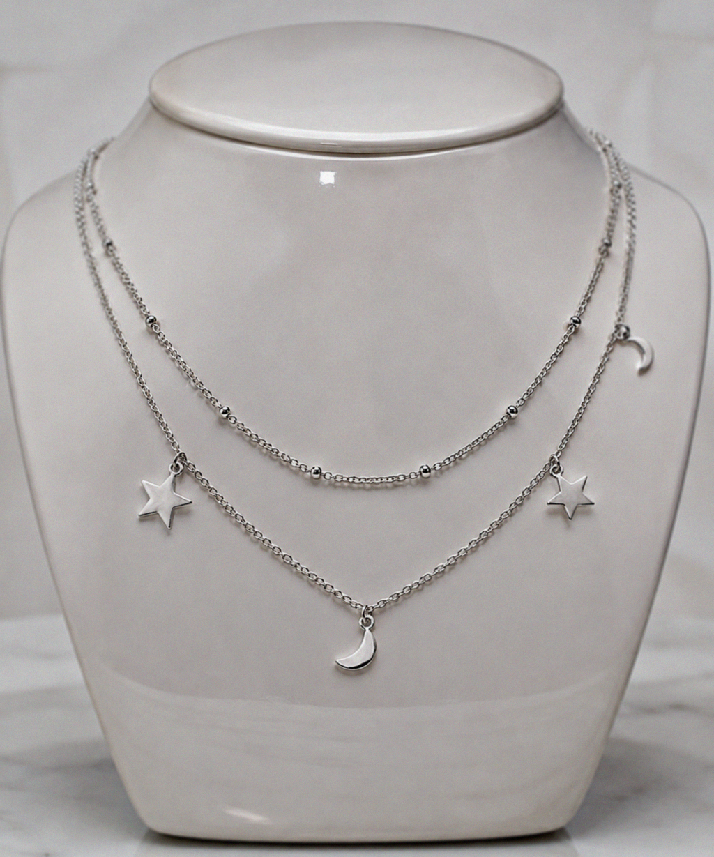 Sterling Silver Star & Moon Double Row Necklace