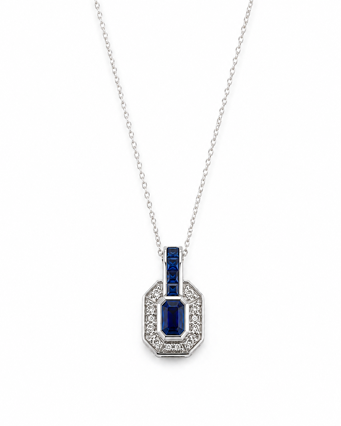 9ct White Gold Sapphire & Diamond Channel Necklace