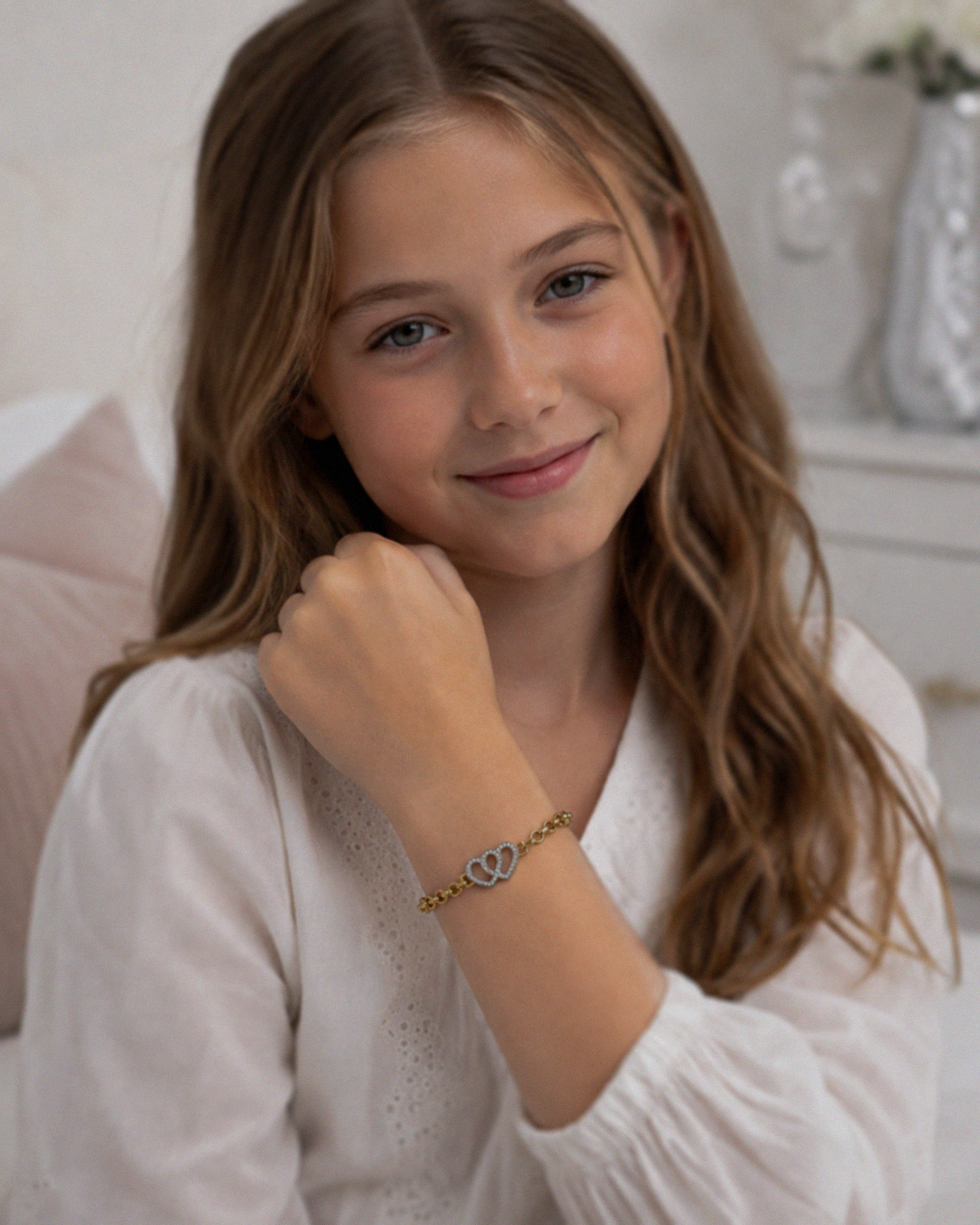 9ct Yellow Gold Cubic Zirconia Double Heart Children's Bracelet