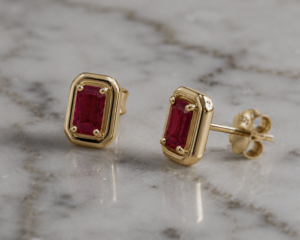 Chunky Border Ruby Stud Earrings in 9ct Yellow Gold
