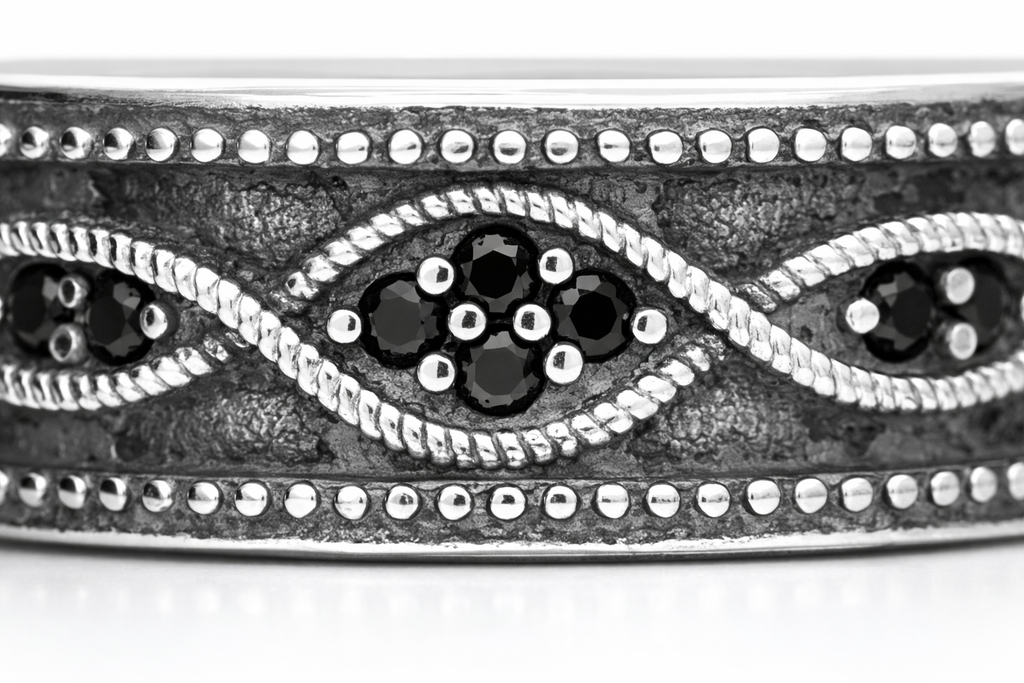 Sterling Silver Black Cubic Zirconia Wave Band Ring.