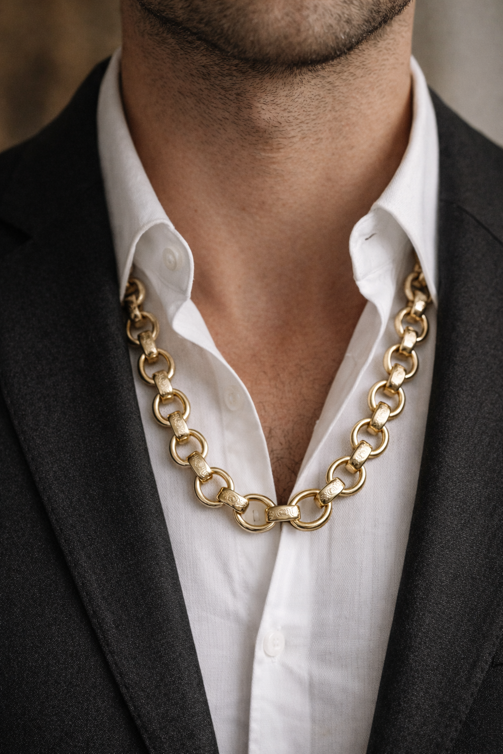 9ct Yellow Gold Engraved & Plain Belcher Chain – 24 Inch | 74g Heavyweight