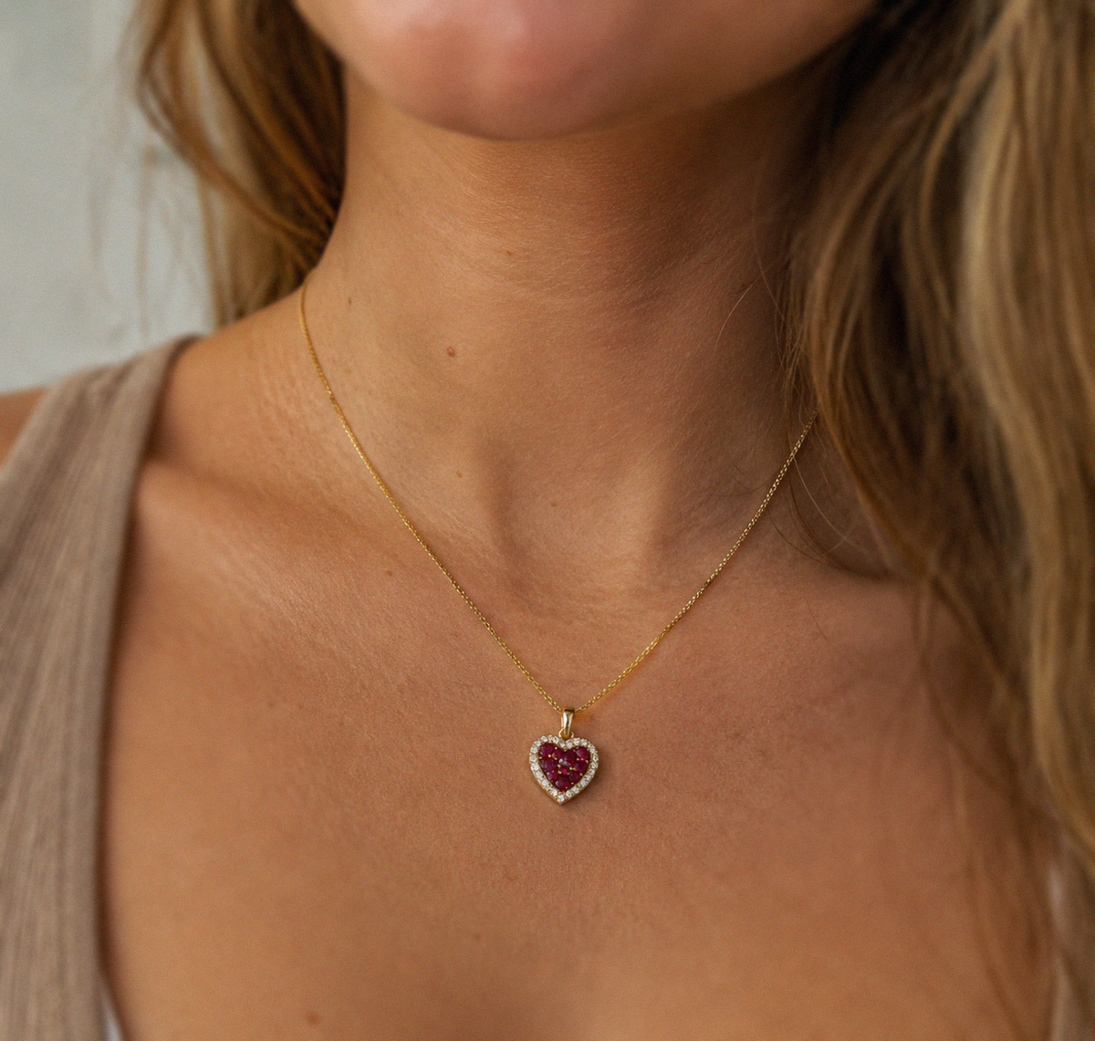 9ct Yellow Gold Ruby & Diamond Heart Pendant with Chain