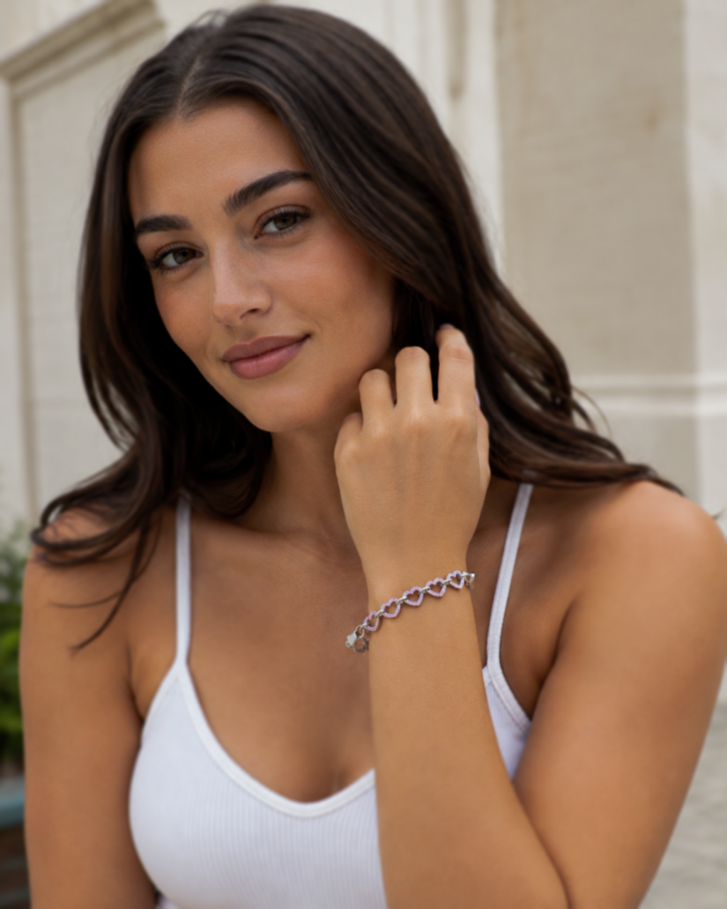 Sterling Silver Pink Cubic Zirconia Heart Link Bracelet