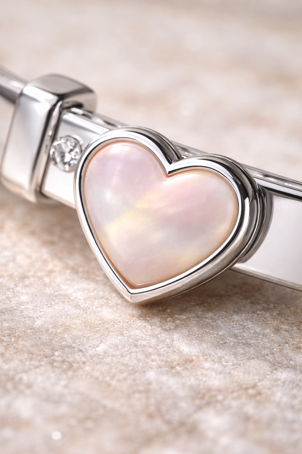 Mother of Pearl Heart Diamond Bangle - Sterling Silver