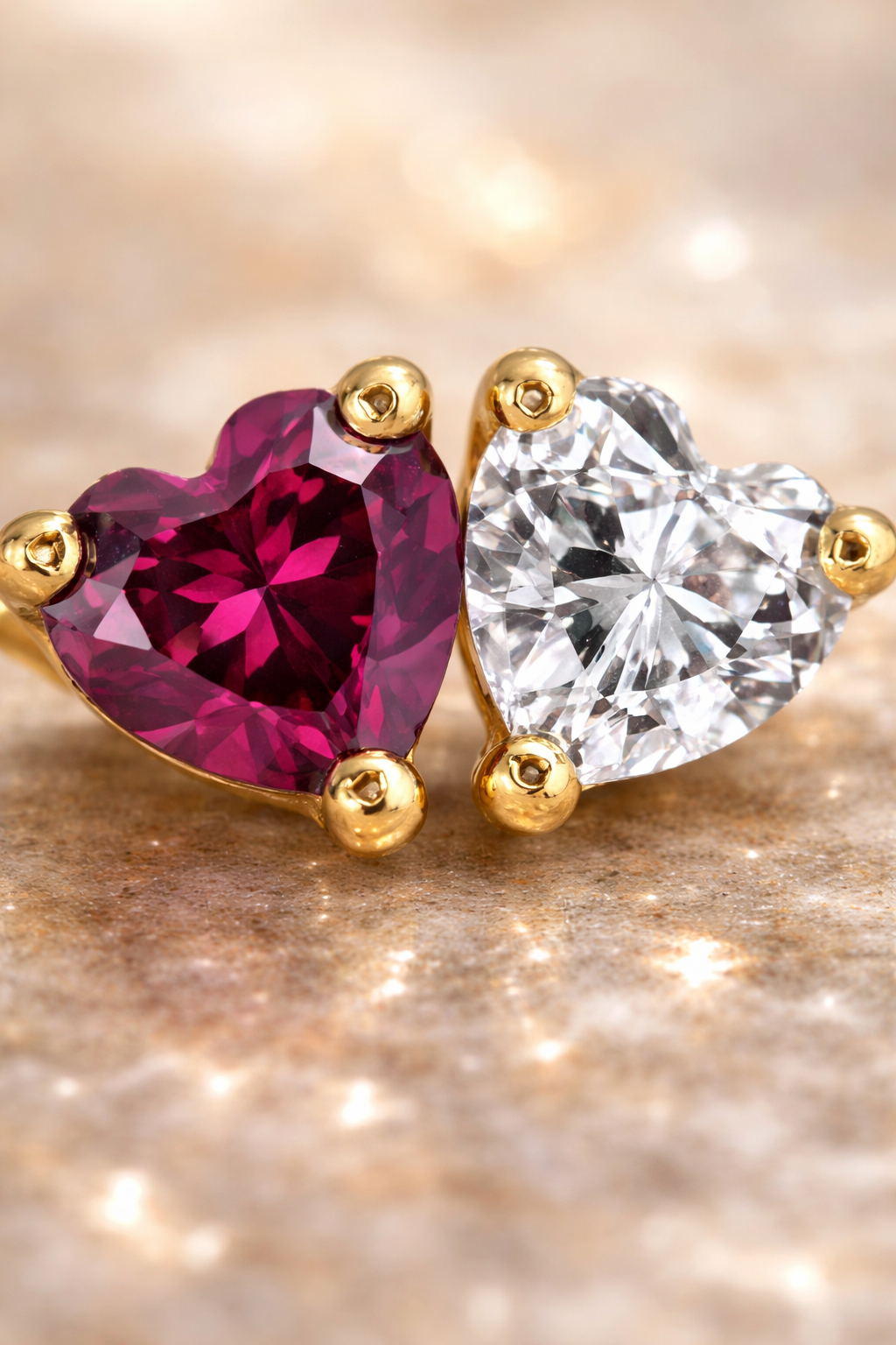 9ct Yellow Gold Toi et Moi Heart Stud Earrings – Rhodolite Garnet & White Topaz