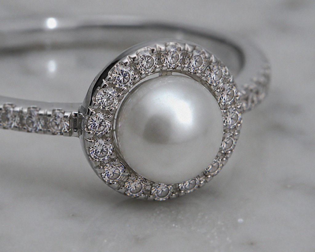 Sterling Silver Freshwater Pearl & Cubic Zirconia Halo Ring