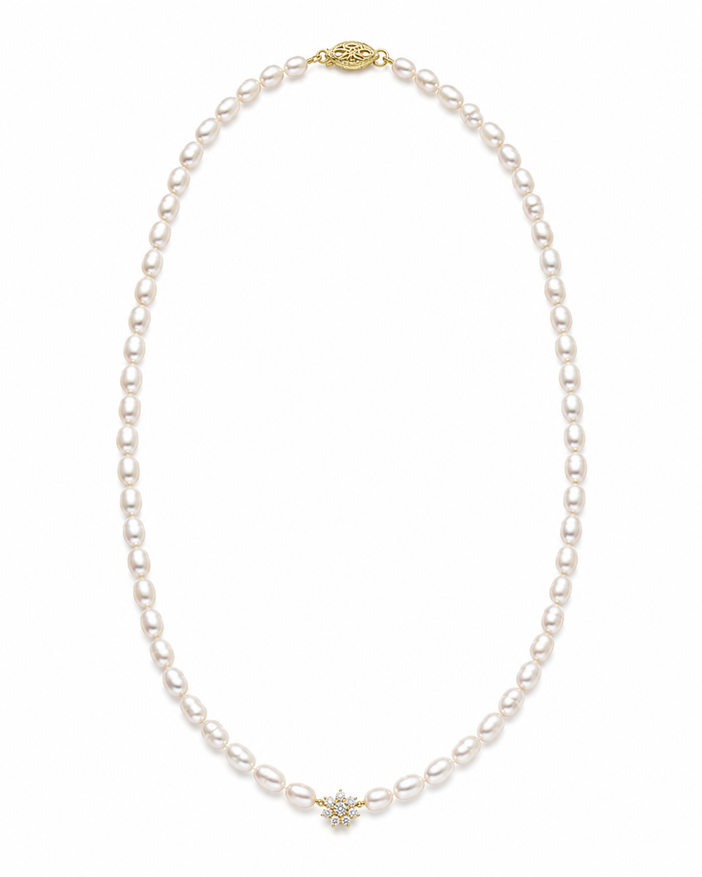 9ct Yellow Gold Freshwater Pearl & Diamond Flower Necklace