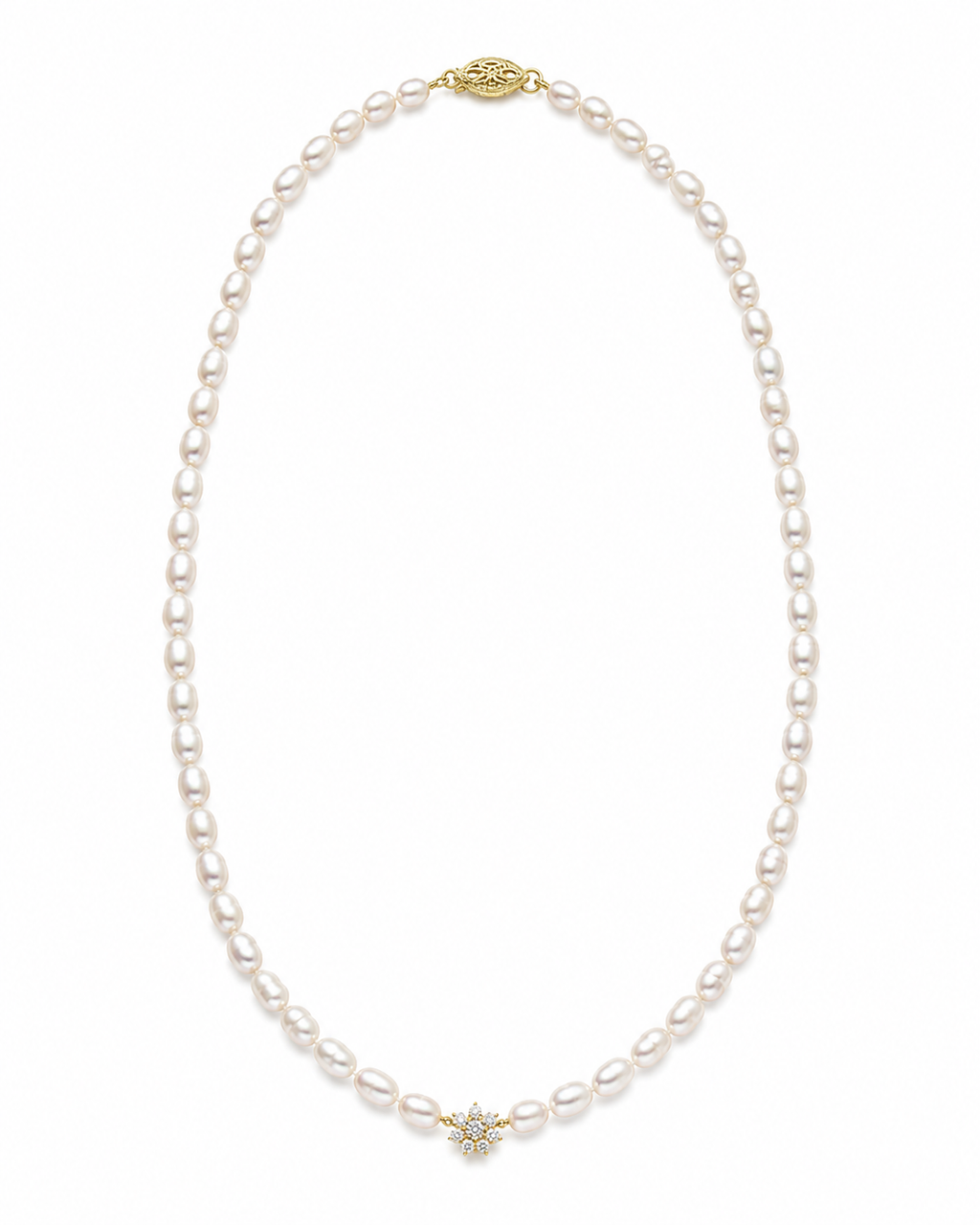 9ct Yellow Gold Freshwater Pearl & Diamond Flower Necklace
