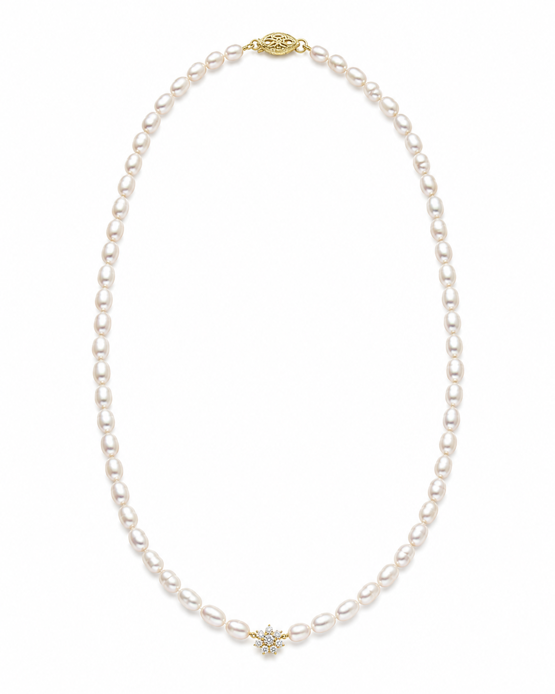 9ct Yellow Gold Freshwater Pearl & Diamond Flower Necklace