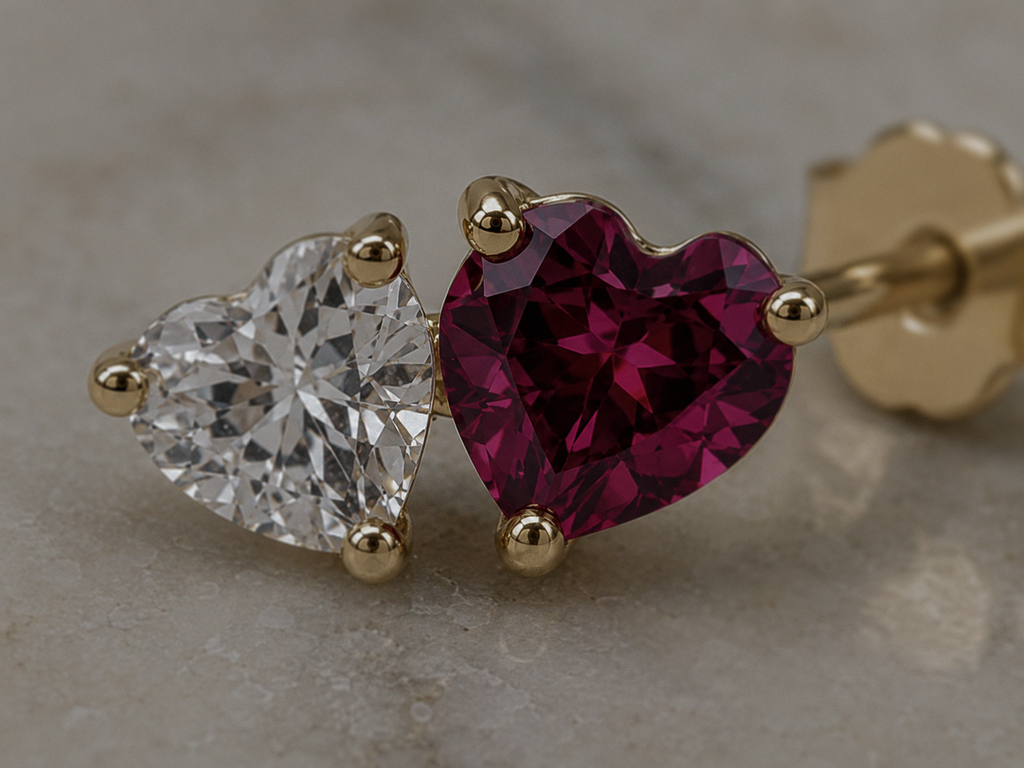 9ct Yellow Gold Toi et Moi Heart Stud Earrings – Rhodolite Garnet & White Topaz