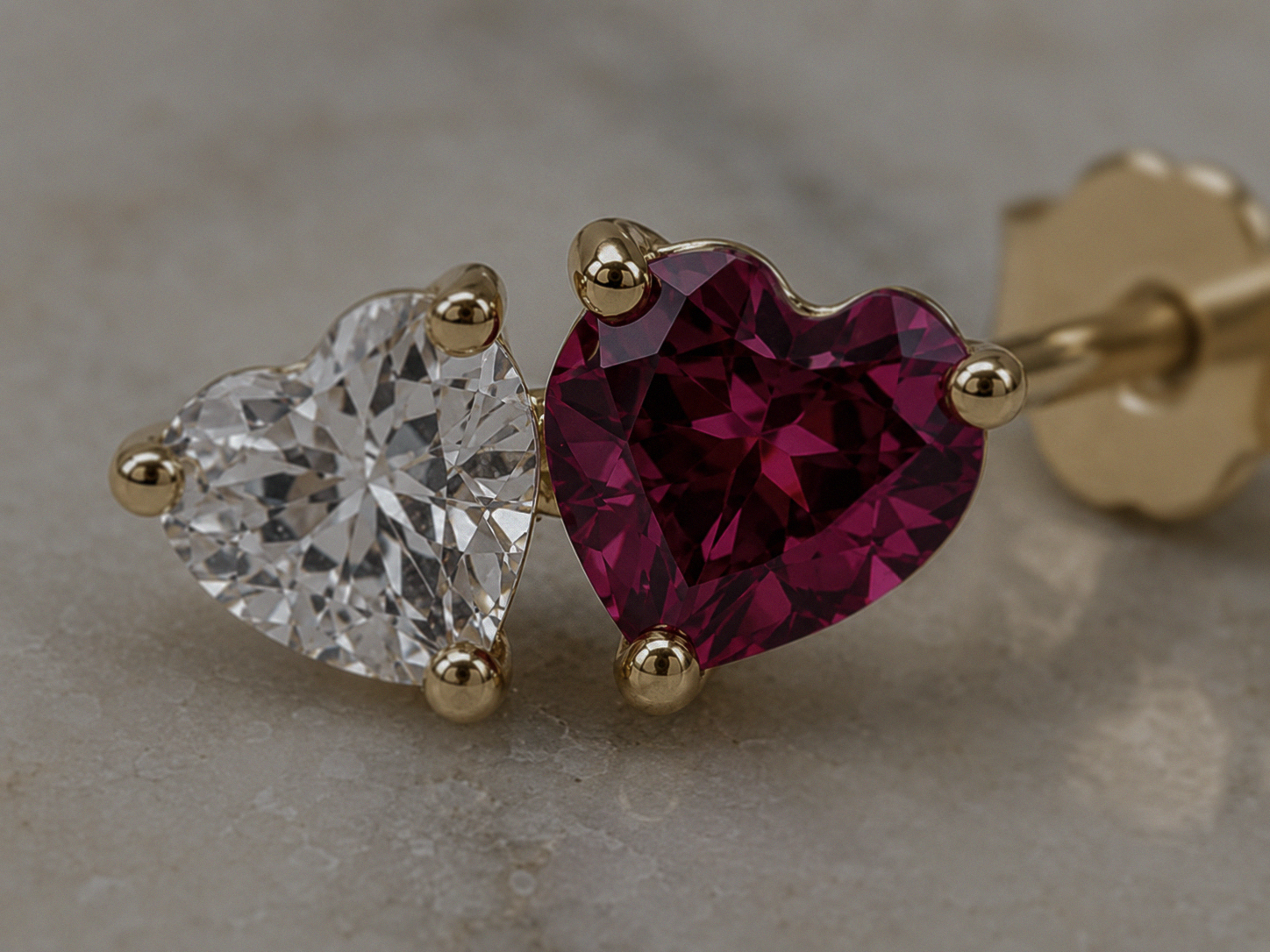 9ct Yellow Gold Toi et Moi Heart Stud Earrings – Rhodolite Garnet & White Topaz