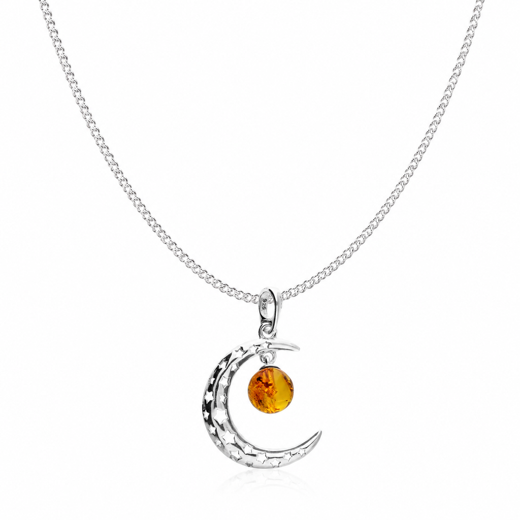 Sterling Silver Baltic Amber Crescent Moon Necklace