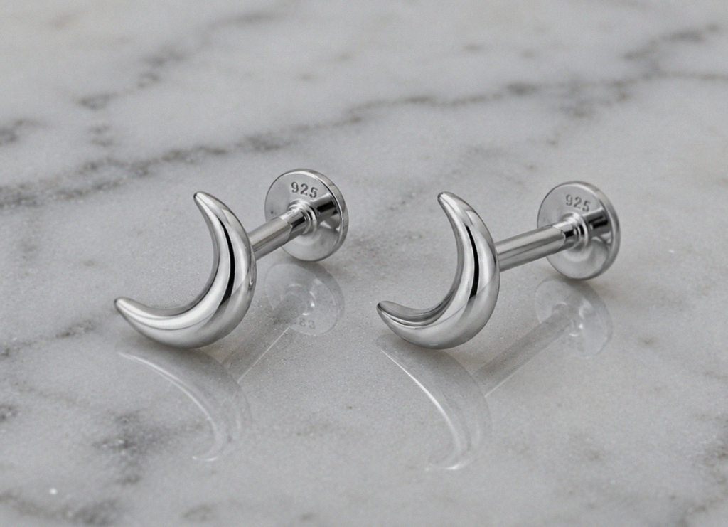 Sterling Silver Crescent Moon Labret Stud Earrings – Pair