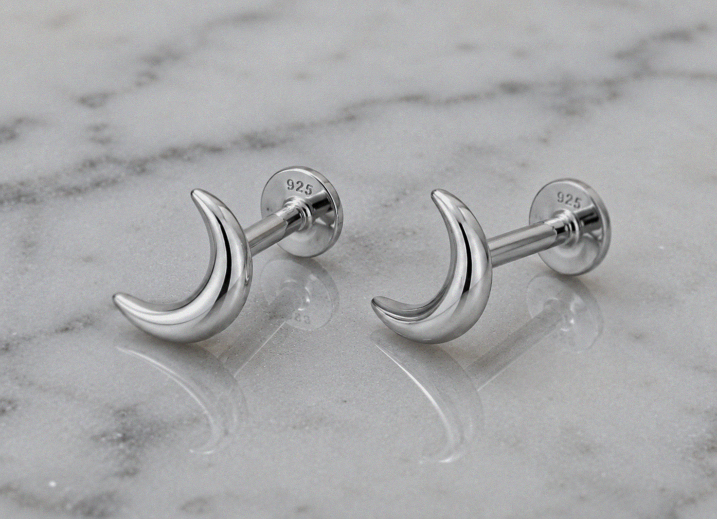 Sterling Silver Crescent Moon Labret Stud Earrings – Pair