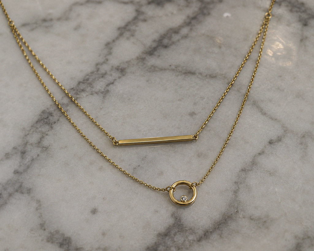 9ct Yellow Gold Bar and Circle Layered Necklace 17.5 Inch