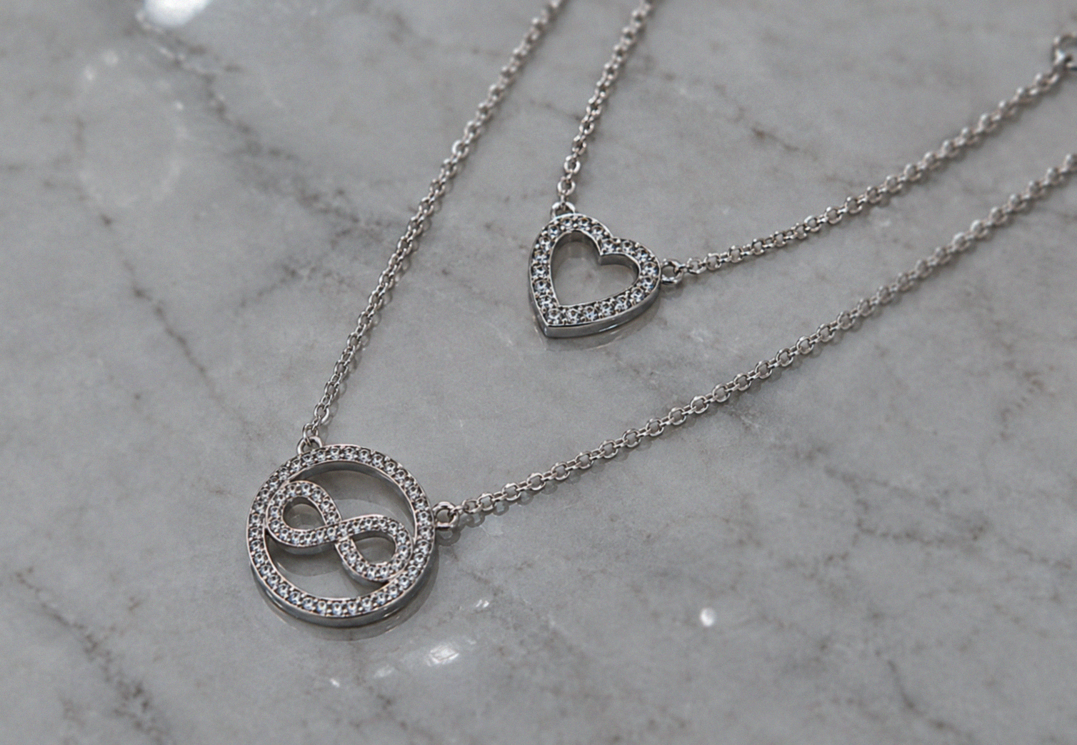 Sterling Silver CZ Heart & Infinity Layered Necklace