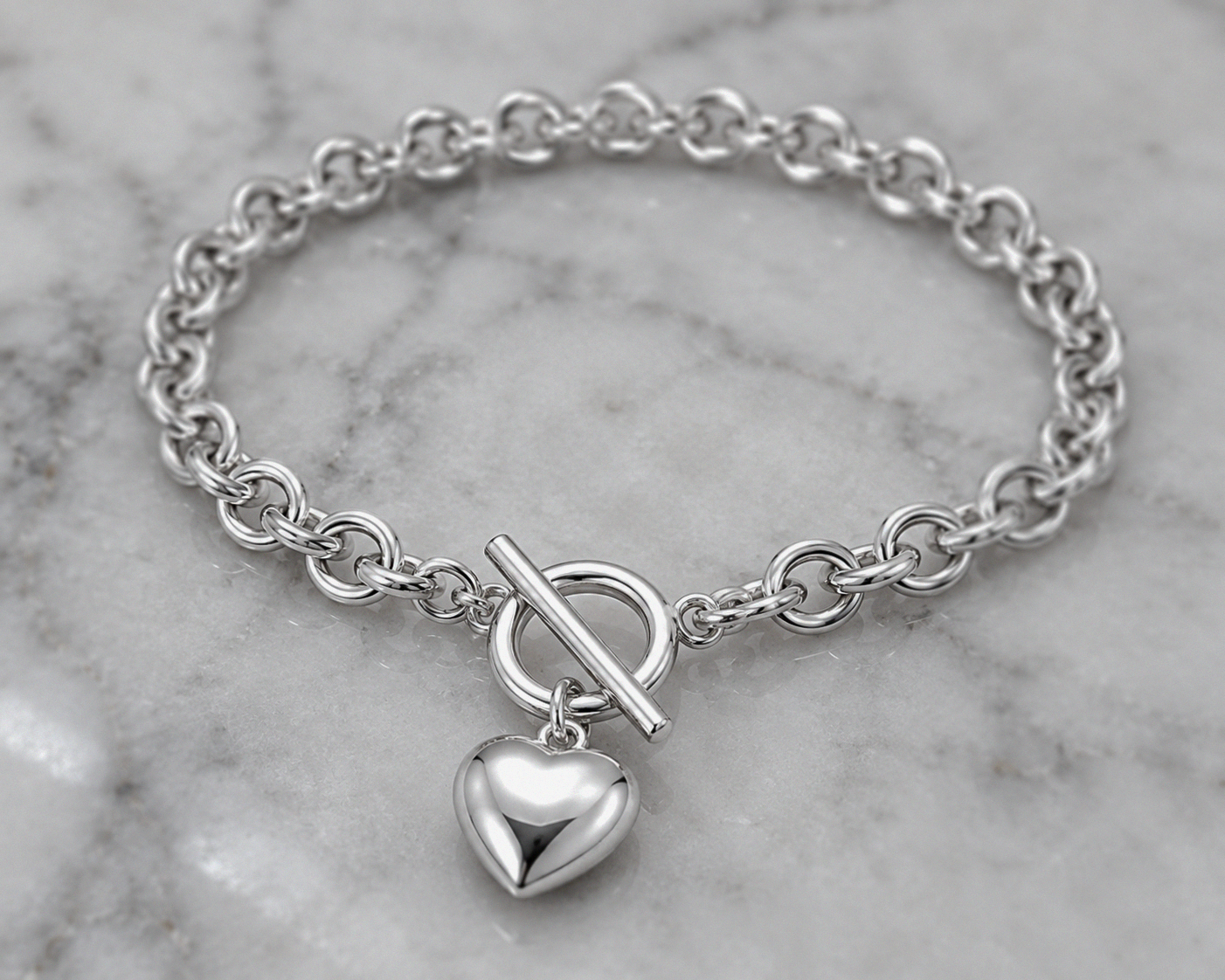 Sterling Silver Puff Heart T-Bar Chain Bracelet