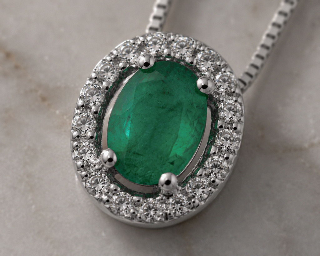 Teardrop Emerald & Diamond Pendant Necklace in 9ct Gold