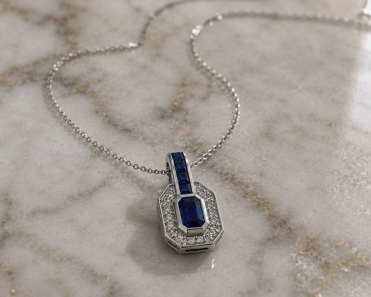 9ct White Gold Sapphire & Diamond Channel Necklace