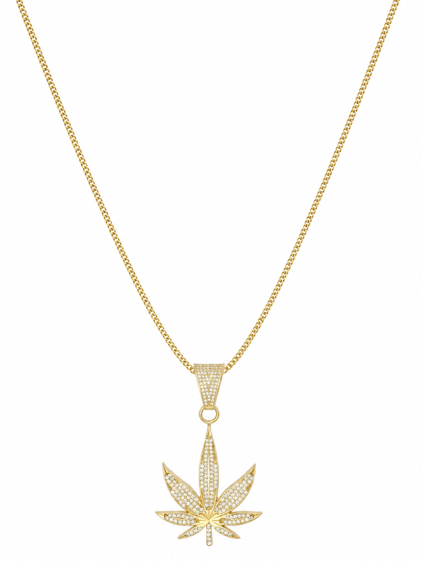9ct Gold CZ Leaf Necklace with 18ct Diamond Cut Curb Chain