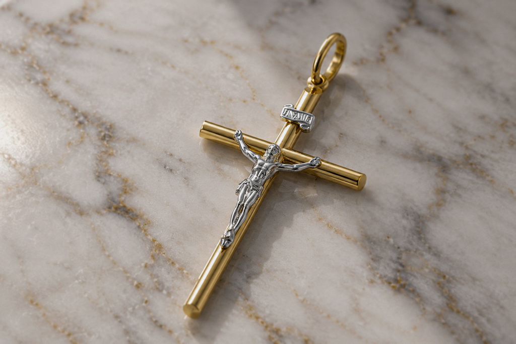 9ct Yellow & White Gold Crucifix Cross Pendant