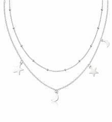 Sterling Silver Star & Moon Double Row Necklace