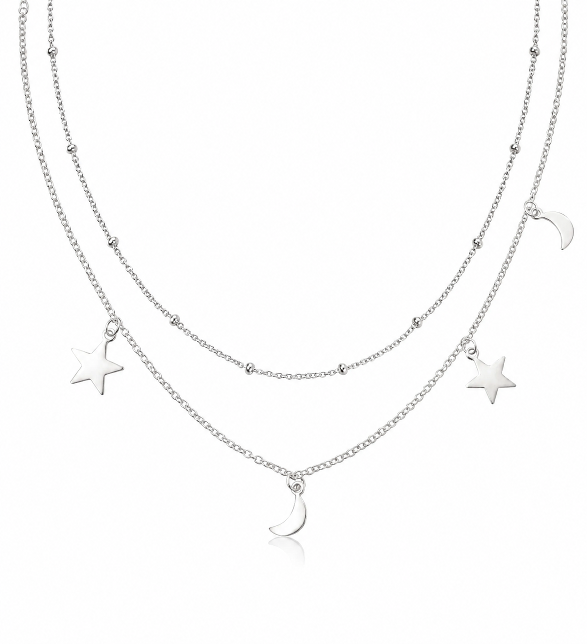 Sterling Silver Star & Moon Double Row Necklace