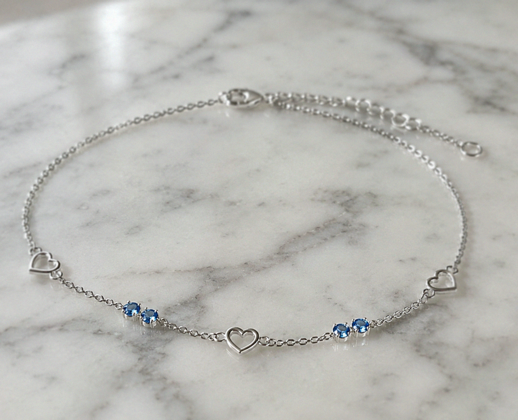 Sterling Silver Blue Crystal and Heart Anklet