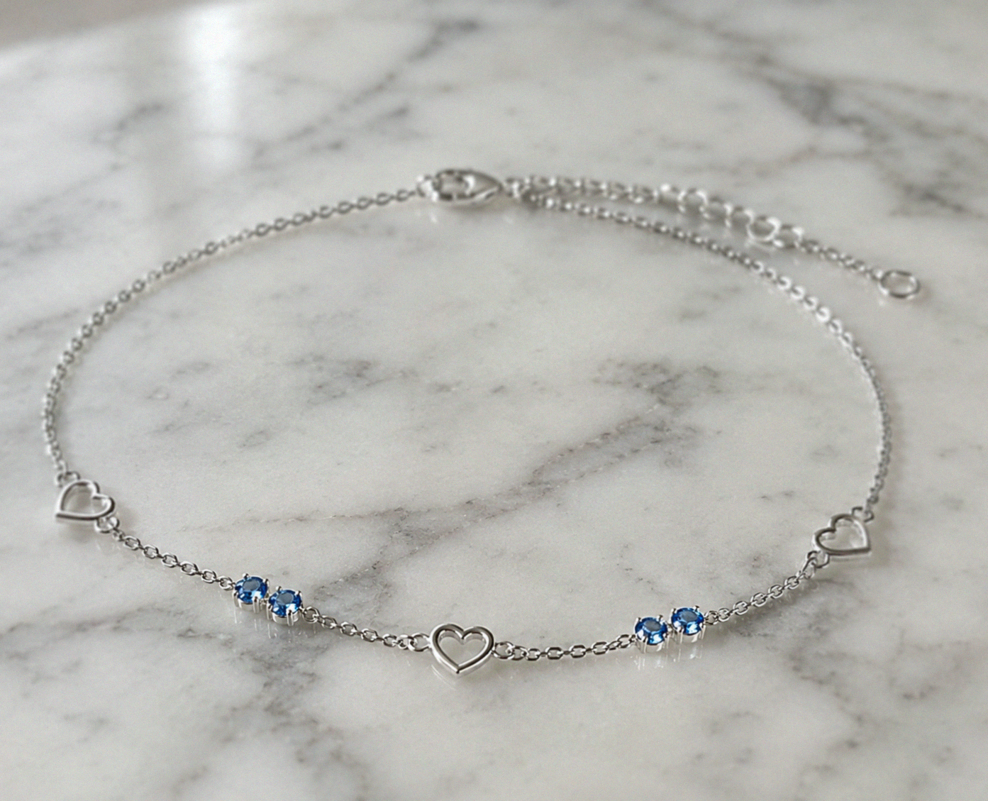 Sterling Silver Blue Crystal and Heart Anklet