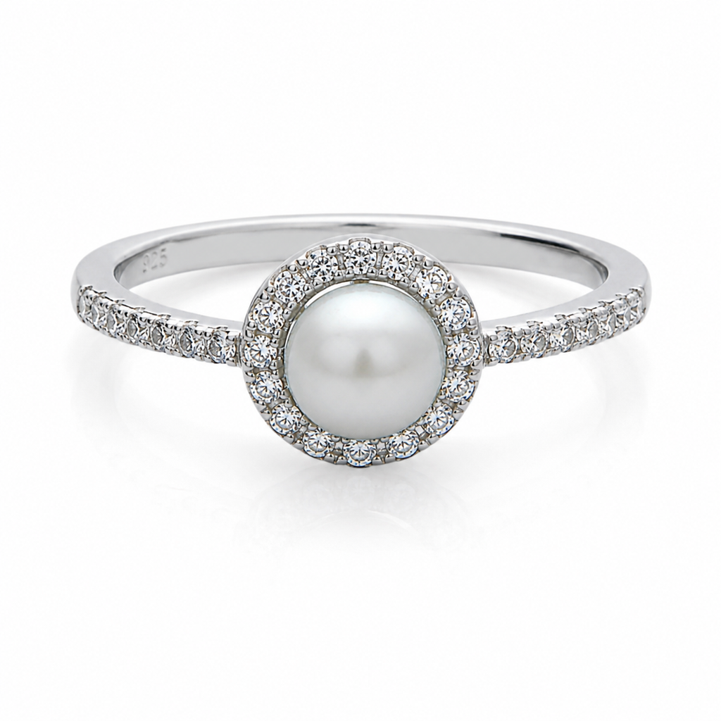 Sterling Silver Freshwater Pearl & Cubic Zirconia Halo Ring