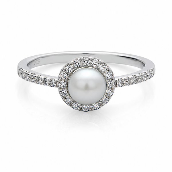 Sterling Silver Freshwater Pearl & Cubic Zirconia Halo Ring