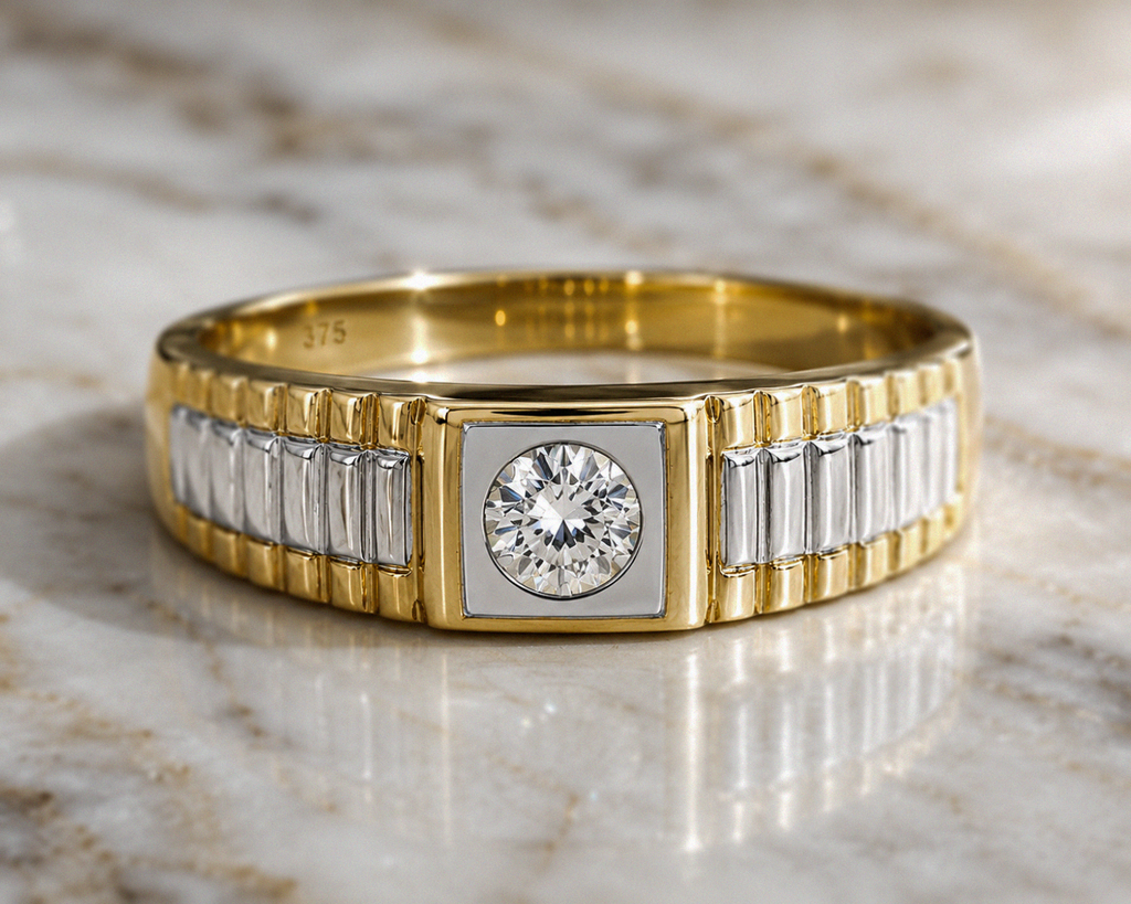 9ct Yellow Gold Brickwork CZ Men’s Ring
