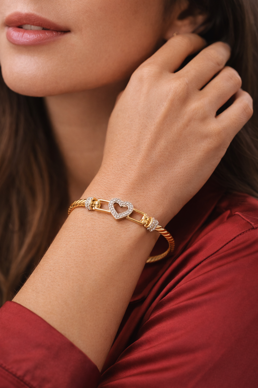 9ct Yellow Gold Twisted Heart Hook Bangle – Solid 13.8g