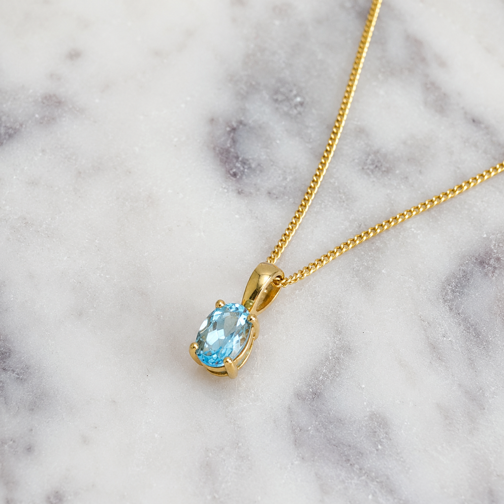 9ct Yellow Gold Swiss Blue Topaz Oval Pendant Necklace