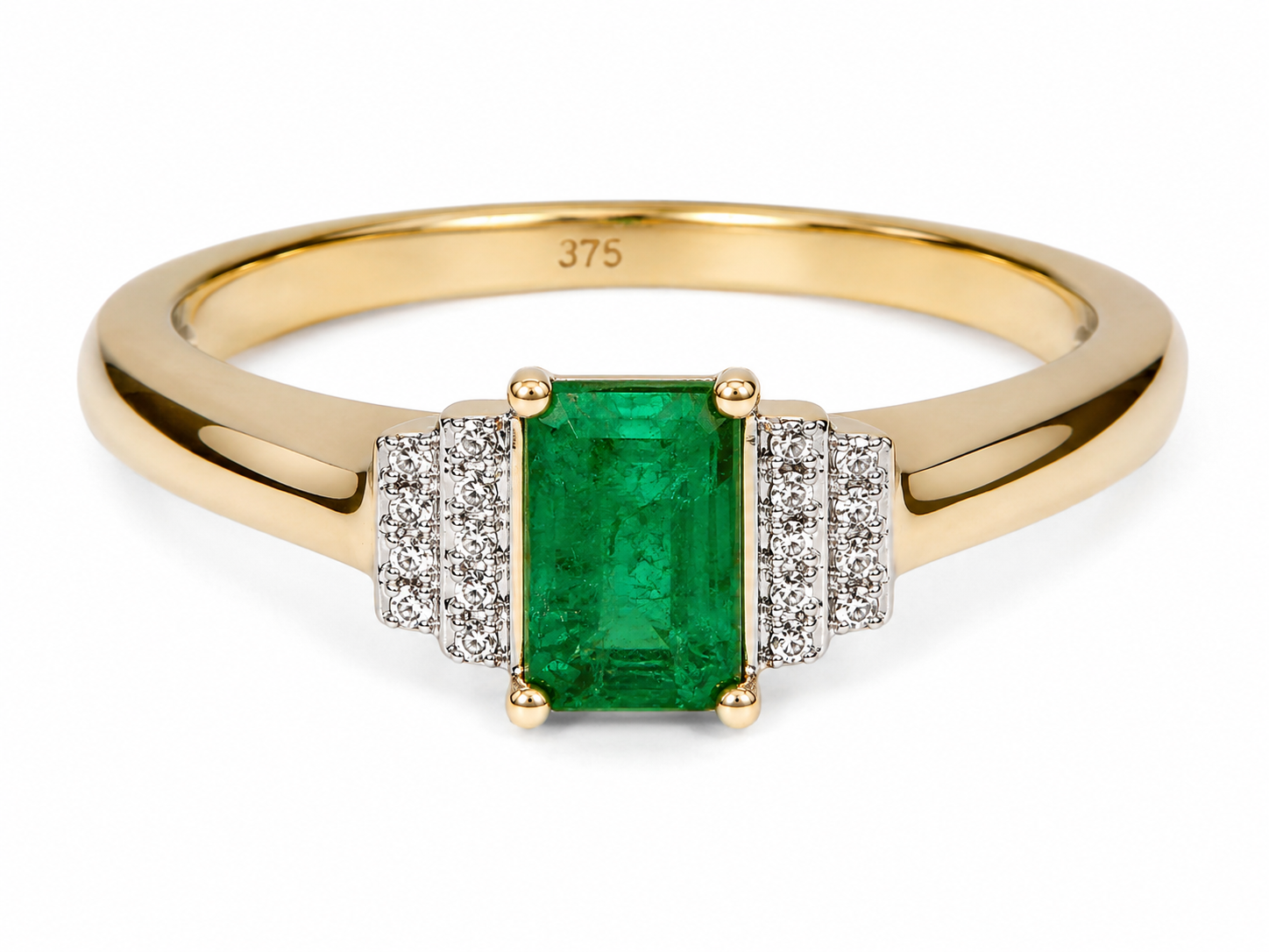 9ct Yellow Gold Emerald & Diamond Art Deco Statement Ring