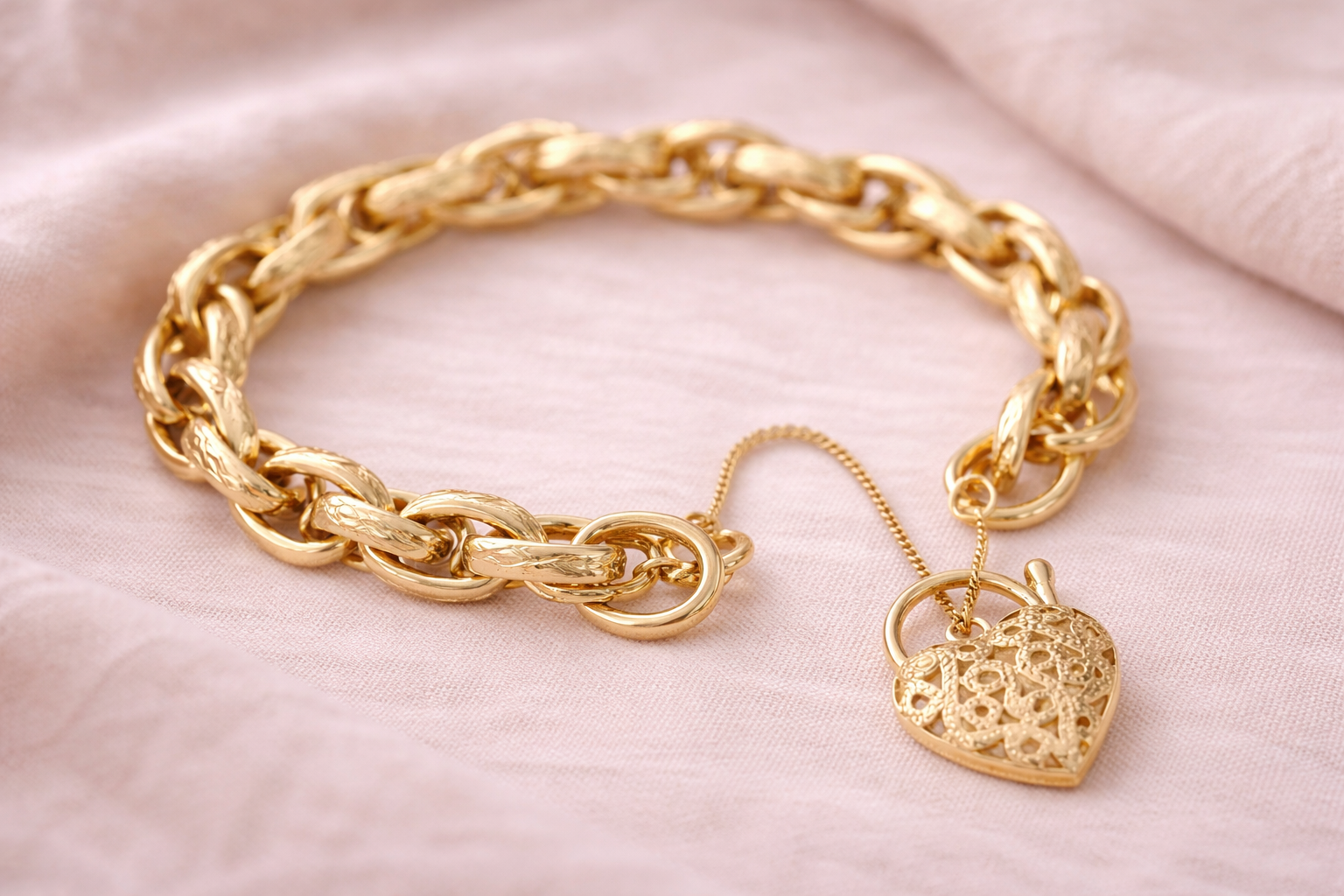 Solid 9ct Yellow Gold Prince of Wales Bracelet with Filigree Heart Padlock – 19.5g