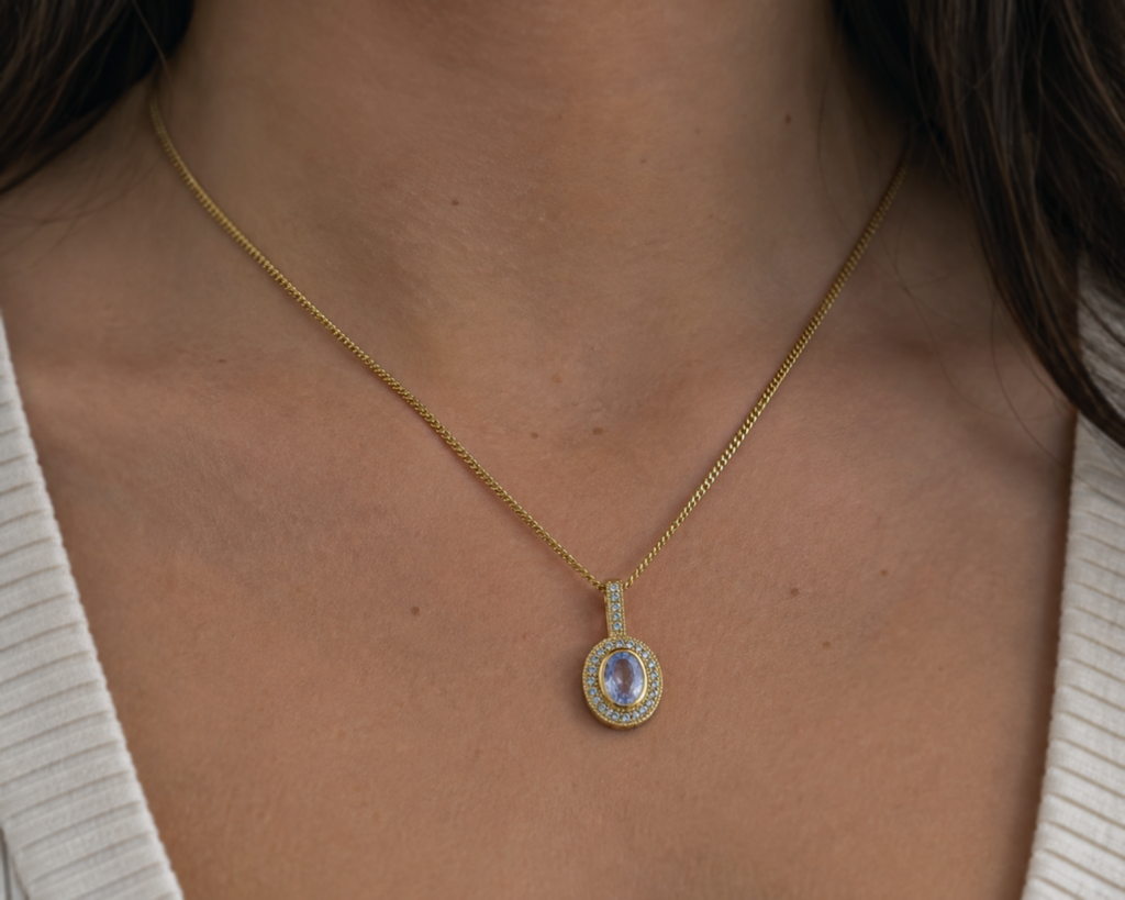 9ct Yellow Gold Blue Moonstone & White Topaz Necklace