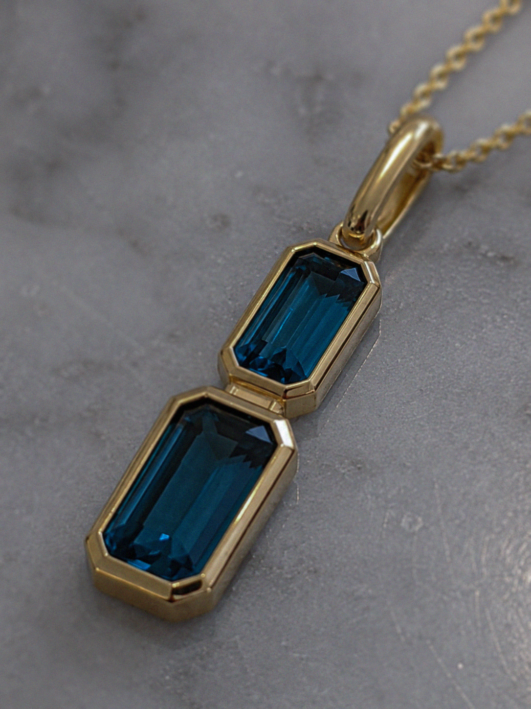 9ct Yellow Gold London Blue Topaz Drop Necklace - Emerald Cut Double Stone (45cm)