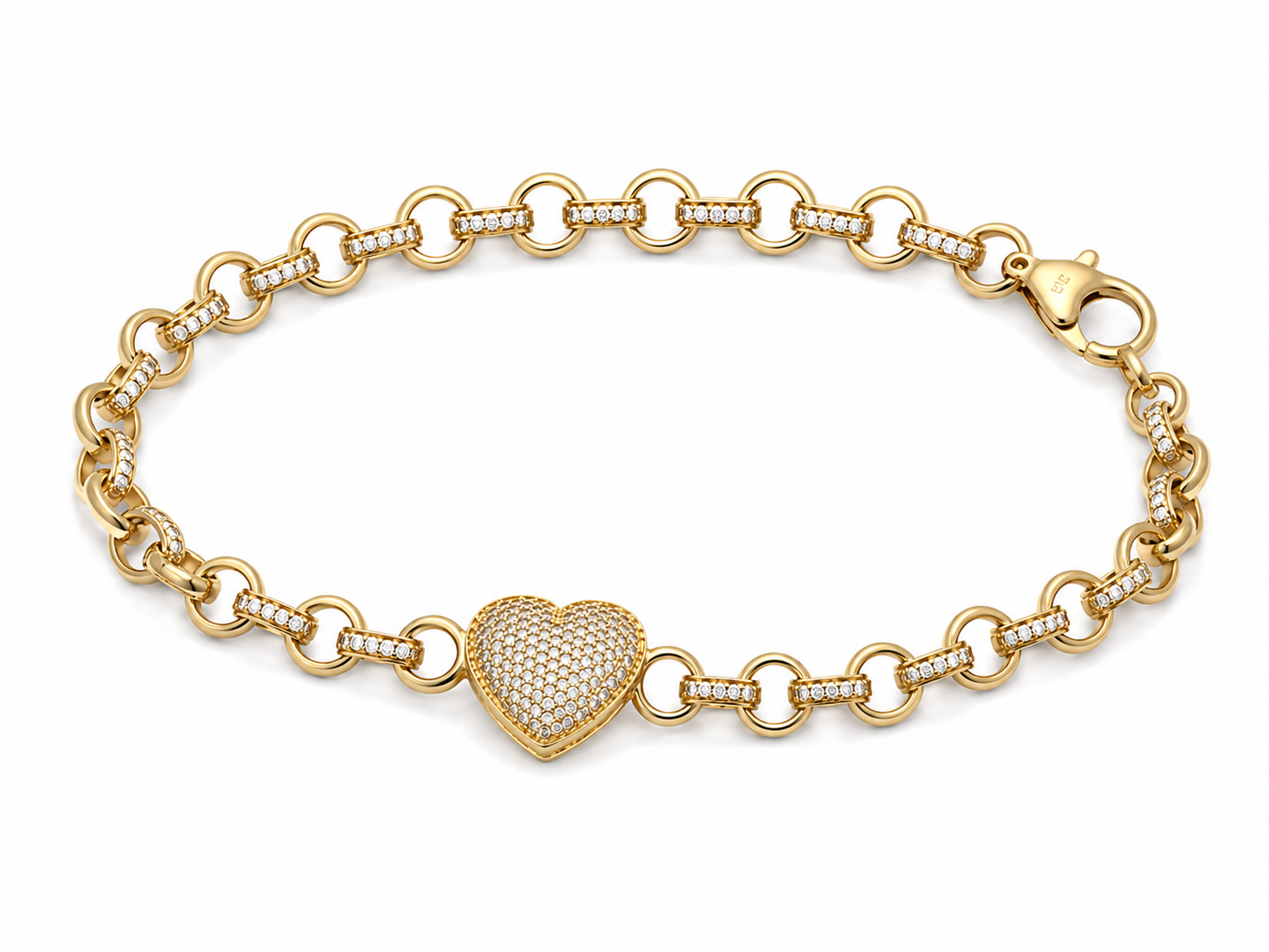 9ct Yellow Gold CZ Heart Belcher Bracelet – 6.5“