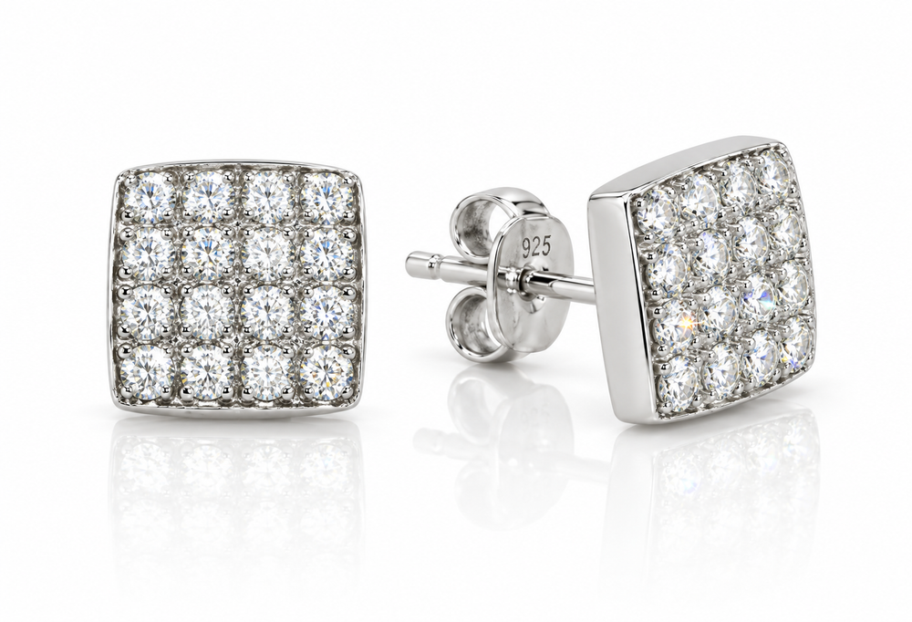 Silver Cubic Zirconia Square Stud Earrings