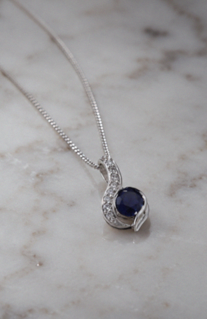 Blue Sapphire & Diamond Swirl Necklace set - 9ct White Gold