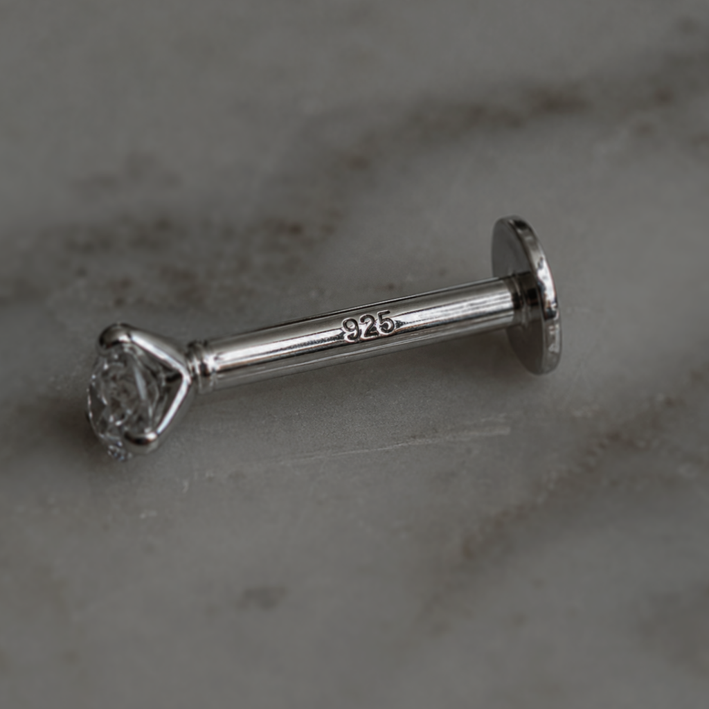 Sterling Silver CZ Labret Stud Earring – Flat Back Cartilage Helix Tragus Piercing