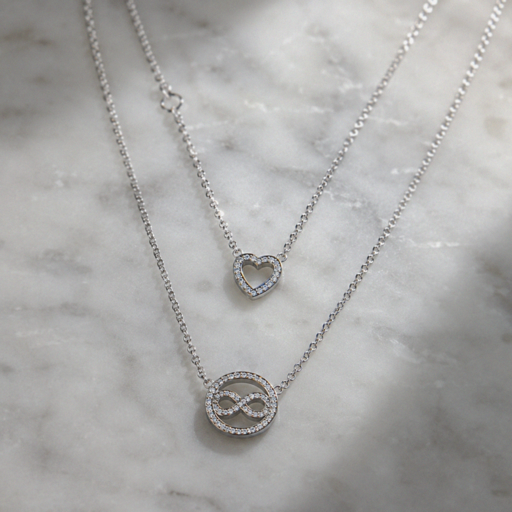 Sterling Silver CZ Heart & Infinity Layered Necklace