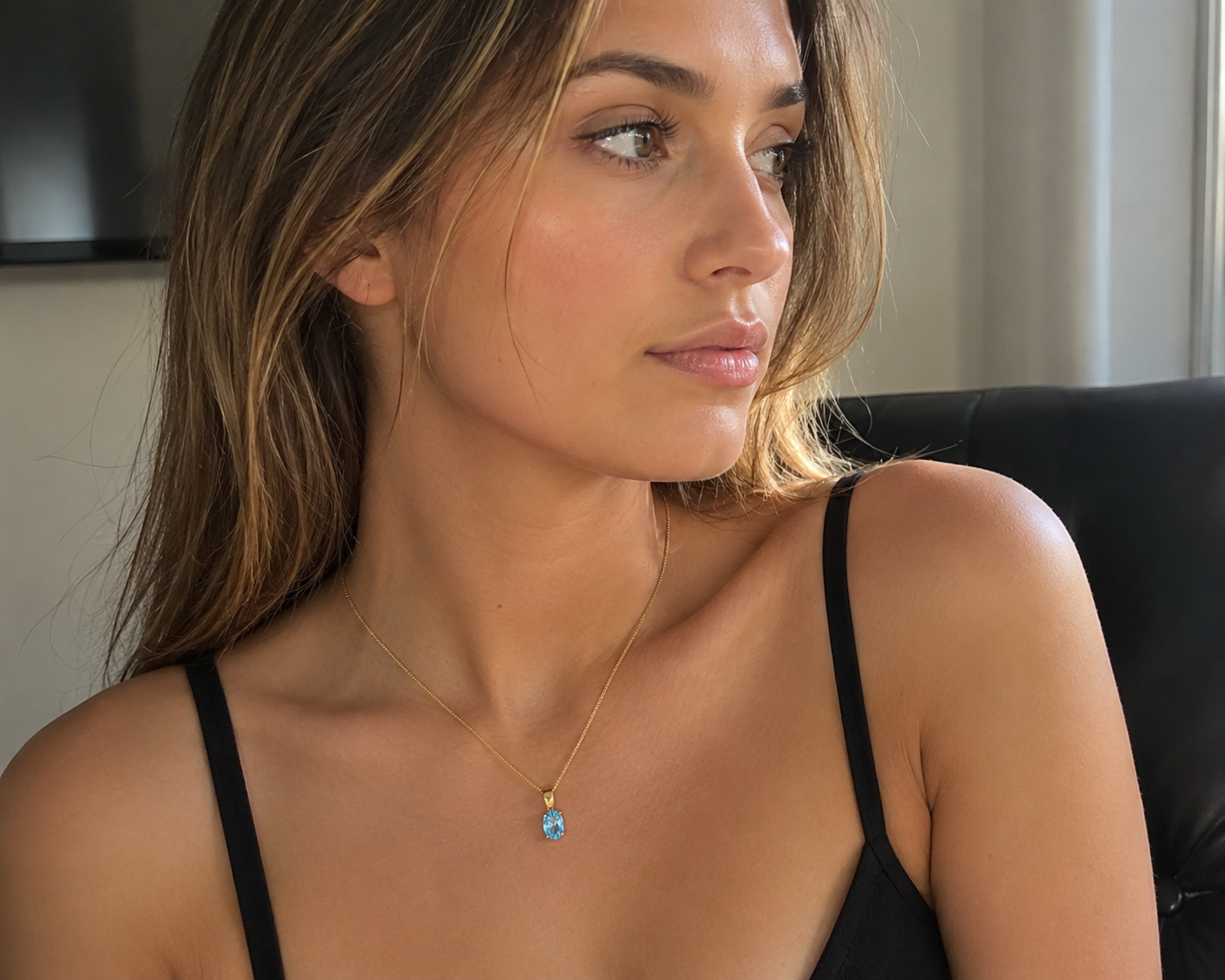 9ct Yellow Gold Swiss Blue Topaz Oval Pendant Necklace