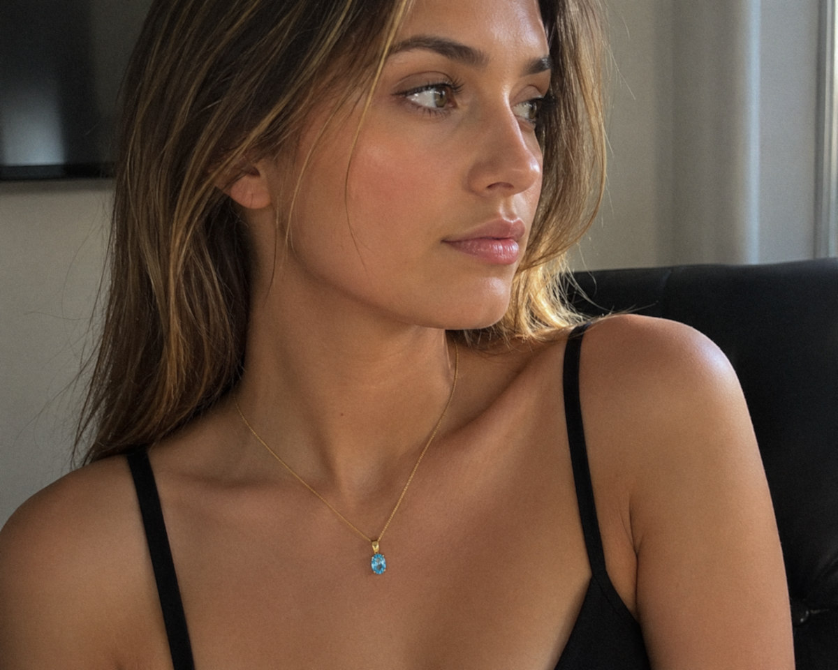 9ct Yellow Gold Swiss Blue Topaz Oval Pendant Necklace