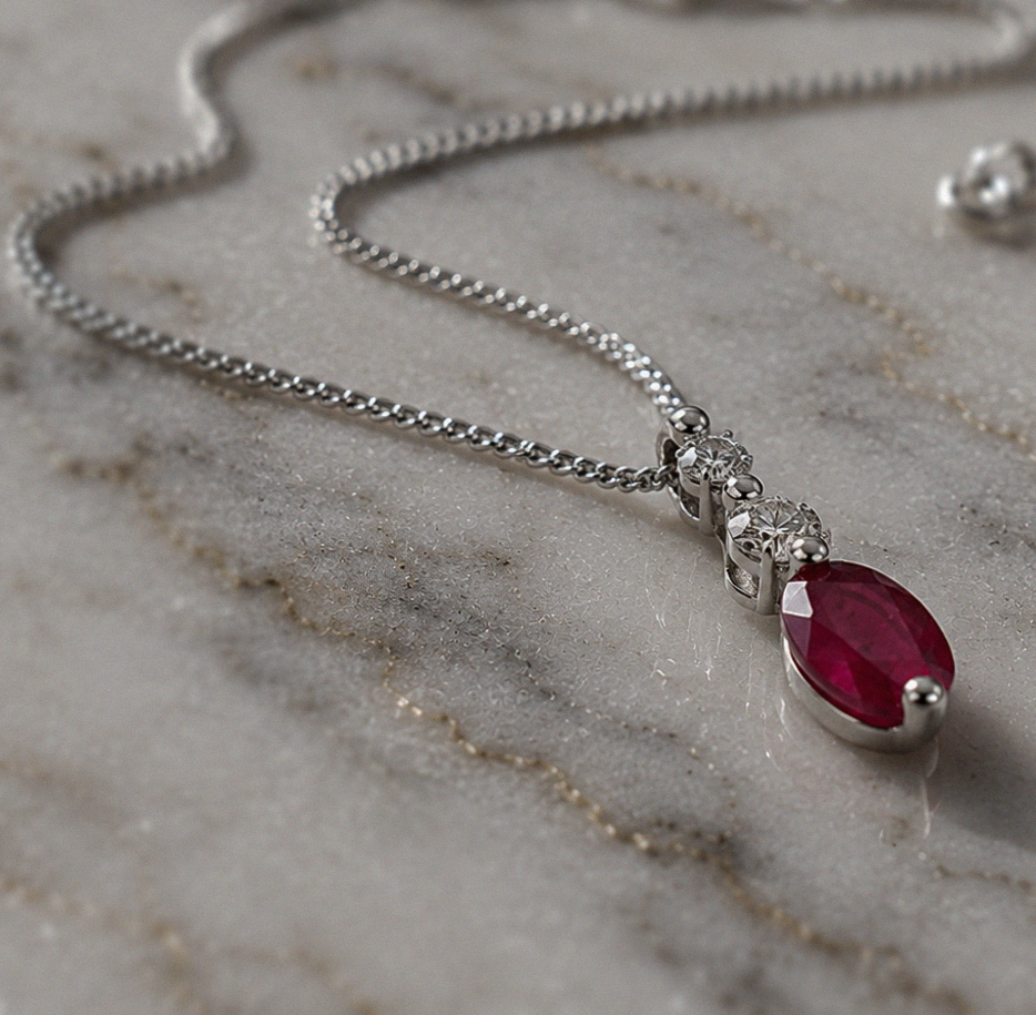 Ruby & Diamond Drop Pendant Necklace in 9ct White Gold